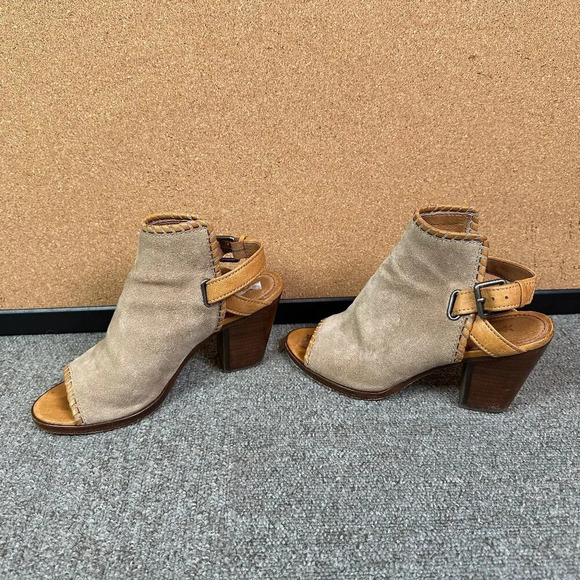 Frye Dani Shield Sling Peep Toe Heeled Sandal Brown Taupe Suede Leather 6.5 - Picture 1 of 6